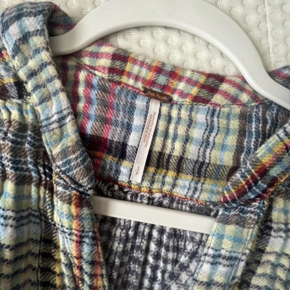 Free People gauze plaid peasant top boho babydoll blouse Size S festival flowy - Picture 3 of 4